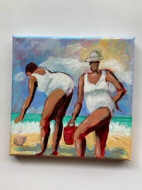 Beach Stroll Acrylic Painting  Two Women in White Swimsuits Seaside Sisters